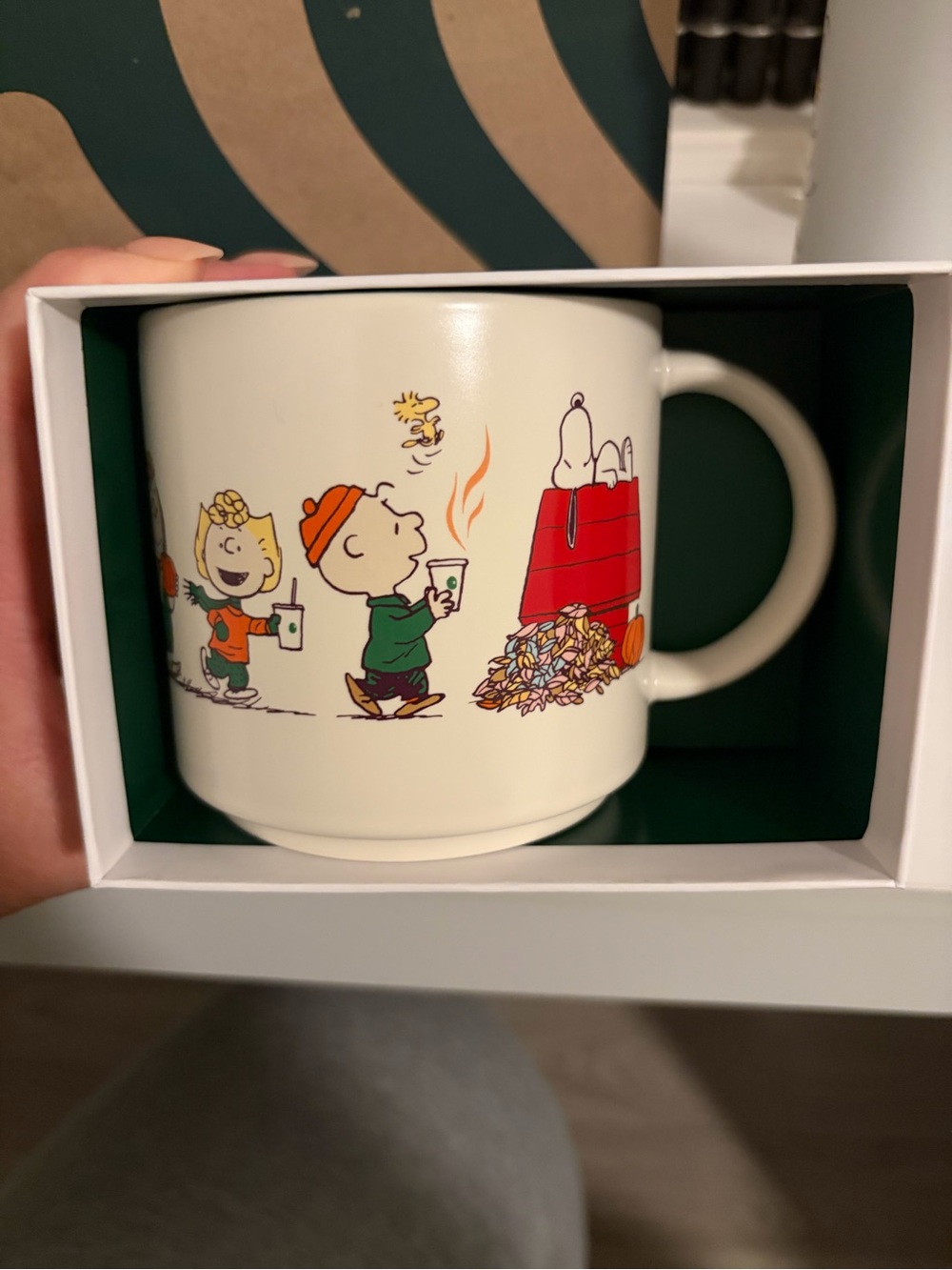 Starbucks Holiday Peanuts Ceramic Mug with Red Doghouse and Green Accents